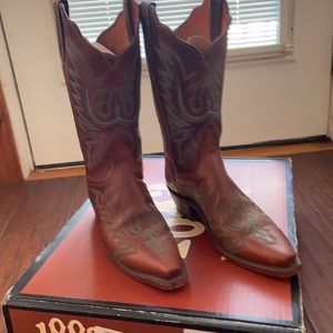 Lucchese cowboy boots. Brown with turquoise stitching , gently worn